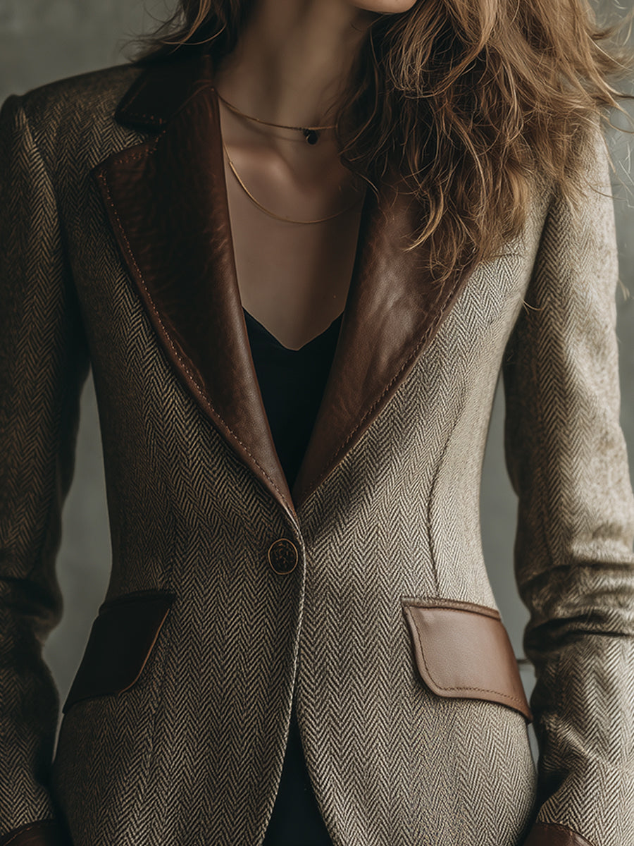 Retro Herringbone Wool PU Patchwork Lapel Blazer