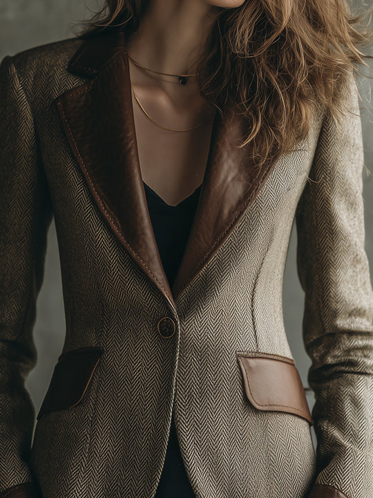 Retro Herringbone Wool PU Patchwork Lapel Blazer