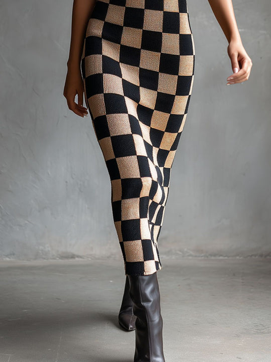 Classic Mock Neck Camel & Black Checkerboard Knit Midi Dress