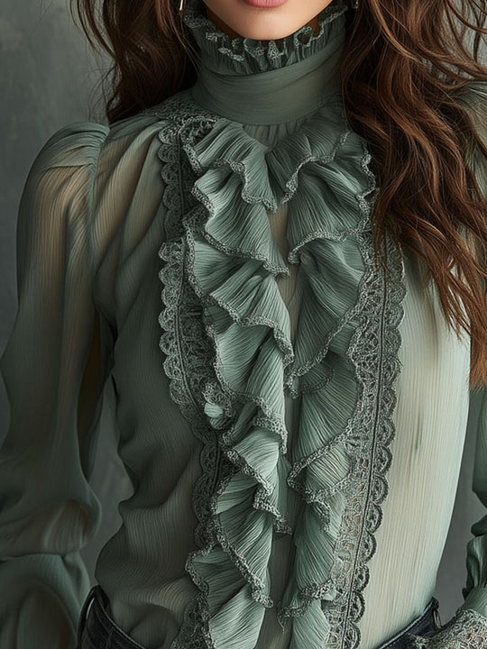 Retro Elegant Sage Green Pleated Chiffon Ruffle Lace Blouse