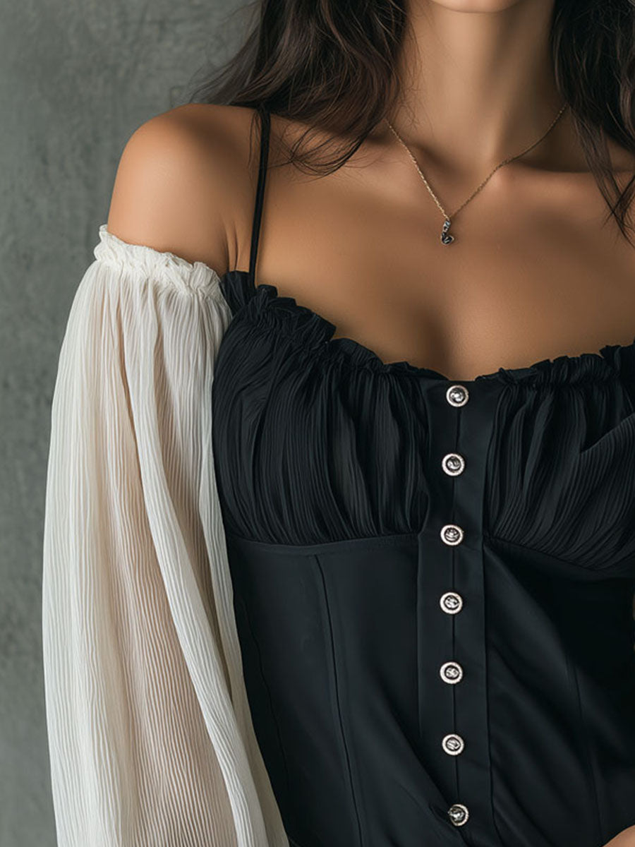 Retro Black Corset Blouse With Contrast Chiffon Sleeves