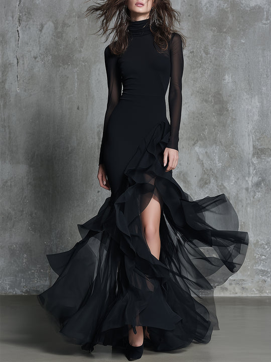 Vintage High-neck Mesh Panelled Maxi Dress With A Split Hem