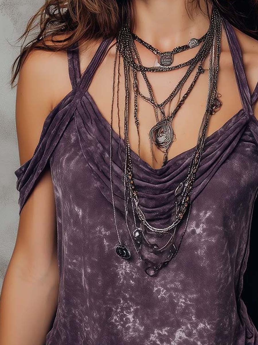 Retro Bohemian Tie-Dye Print Shoulder Strap Top