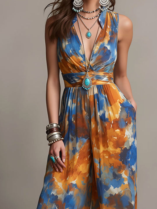 Boho Abstract Watercolor Print Wide-Leg Jumpsuit