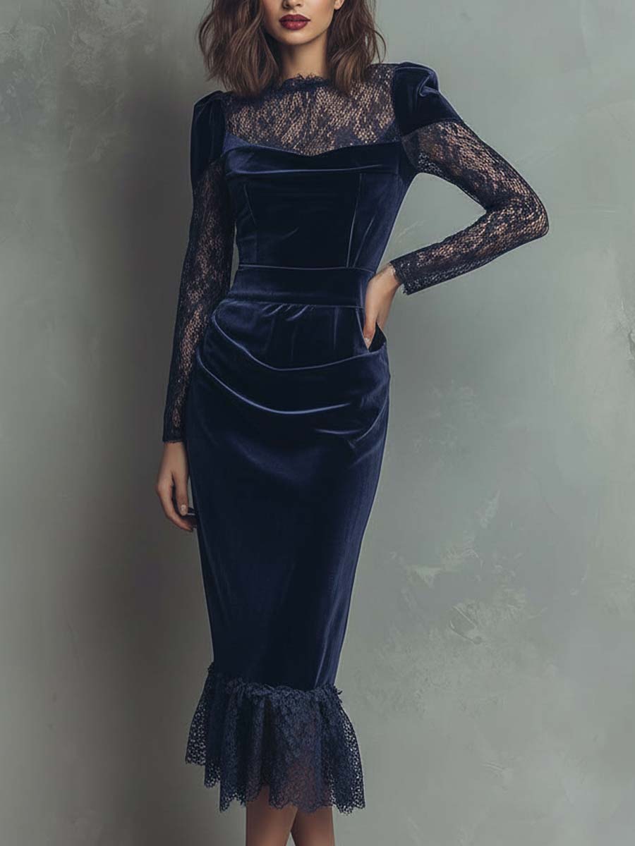 Navy Velvet Lace Midi Dress With Puff Shoulders