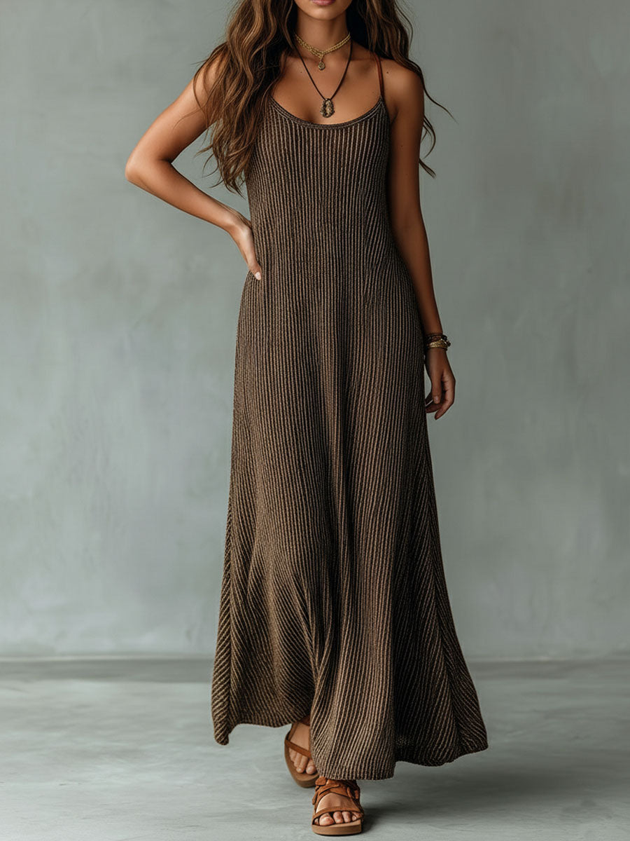 Quiet Luxury Mocha Textured Knit Strappy Relaxed Maxi Dress