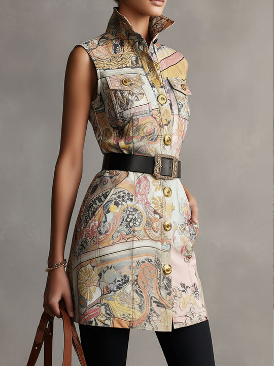 Retro Baroque Print Satin Sleeveless Shirt Dress