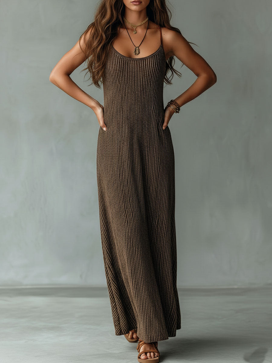 Quiet Luxury Mocha Textured Knit Strappy Relaxed Maxi Dress