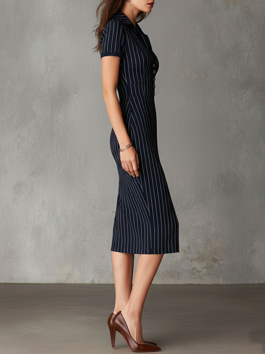 Retro Navy Pinstripe Short-Sleeve Collared Sheath Midi Dress