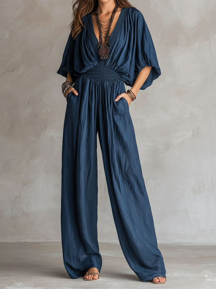 Bohemian Indigo Smocked Waist Jumpsuit