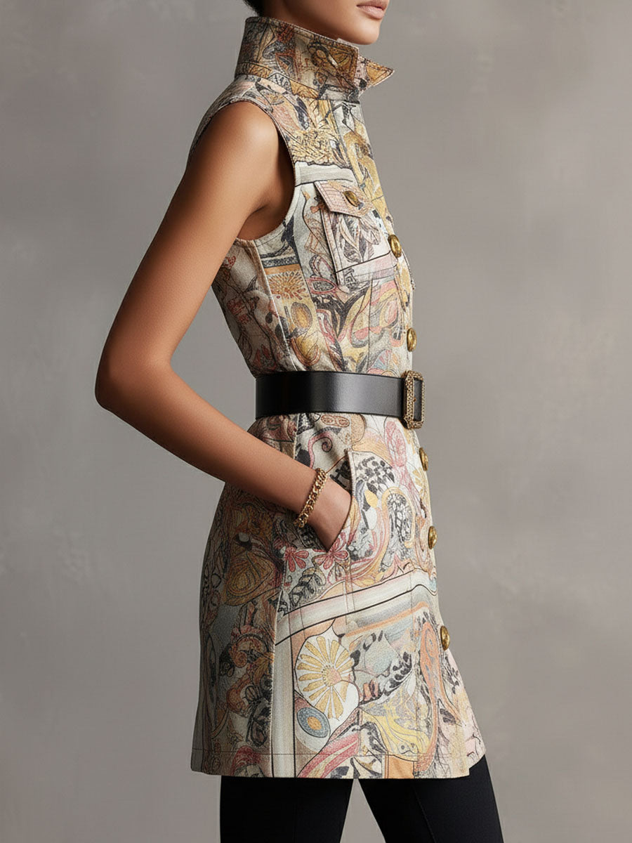 Retro Baroque Print Satin Sleeveless Shirt Dress