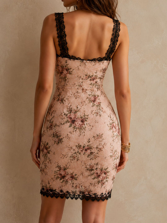 Retro Romantic Blush Floral Black Lace Trim Mini Dress