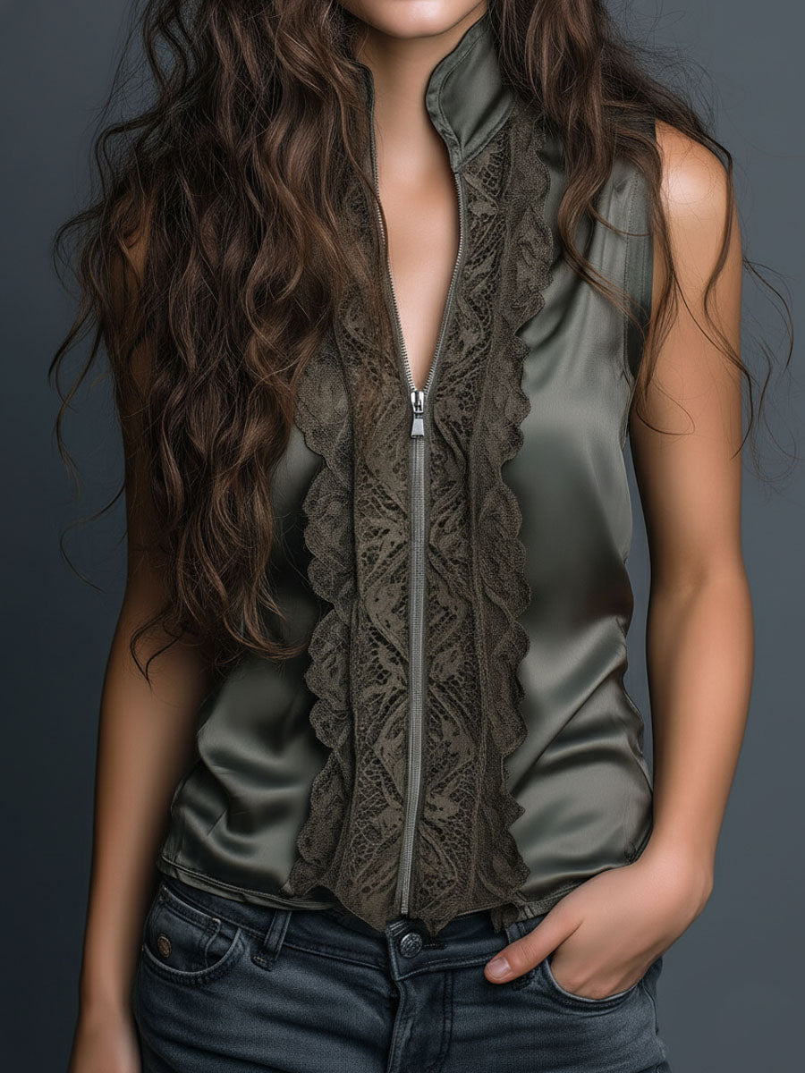High Collar Olive Satin Lace Trim Sleeveless Blouse