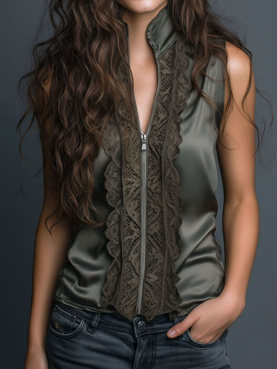 High Collar Olive Satin Lace Trim Sleeveless Blouse