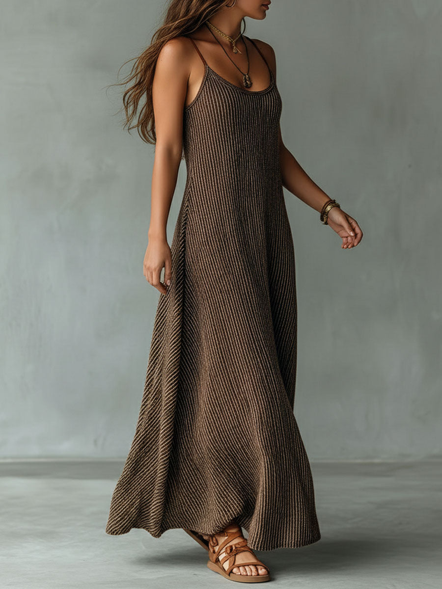 Quiet Luxury Mocha Textured Knit Strappy Relaxed Maxi Dress