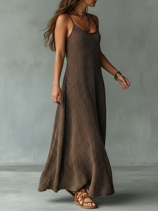 Quiet Luxury Mocha Textured Knit Strappy Relaxed Maxi Dress