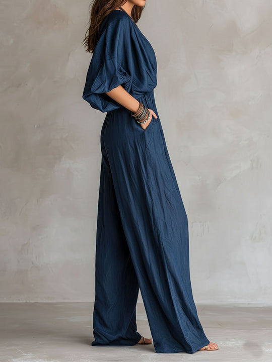 Bohemian Indigo Smocked Waist Jumpsuit