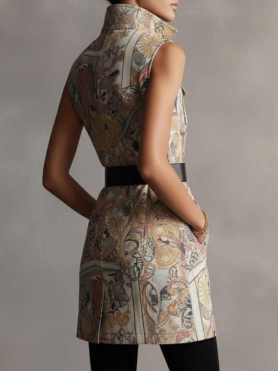 Retro Baroque Print Satin Sleeveless Shirt Dress