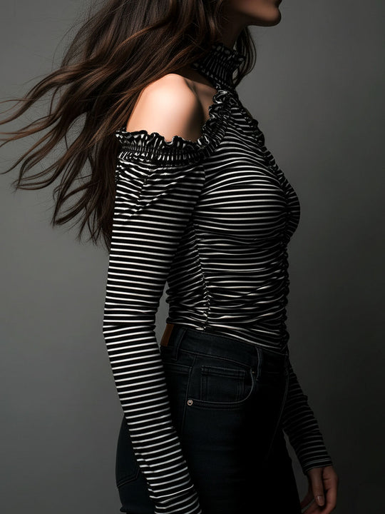 Classic High Neck Striped Cold-Shoulder Ruched Top