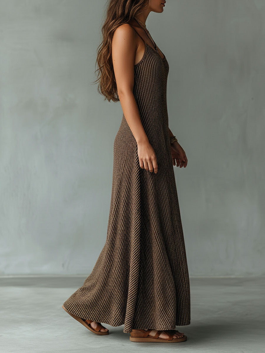 Quiet Luxury Mocha Textured Knit Strappy Relaxed Maxi Dress