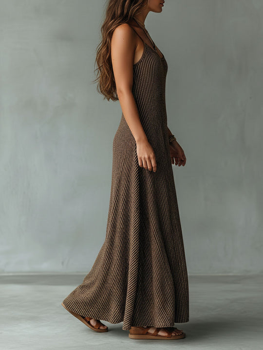 Quiet Luxury Mocha Textured Knit Strappy Relaxed Maxi Dress