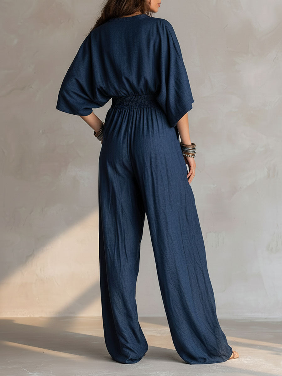 Bohemian Indigo Smocked Waist Jumpsuit