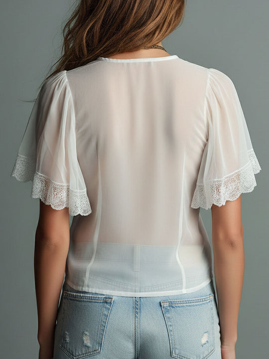 Boho Romantic White Sheer Lace Ruffle Blouse With Flutter Sleeve