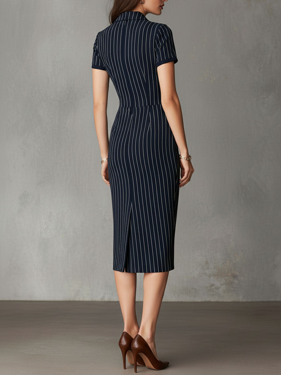 Retro Navy Pinstripe Short-Sleeve Collared Sheath Midi Dress
