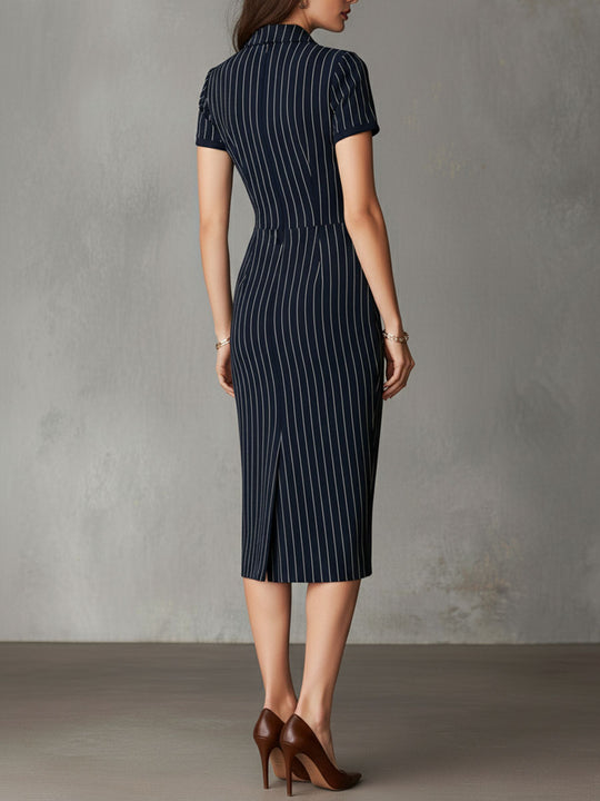 Retro Navy Pinstripe Short-Sleeve Collared Sheath Midi Dress