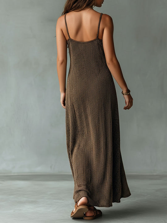 Quiet Luxury Mocha Textured Knit Strappy Relaxed Maxi Dress