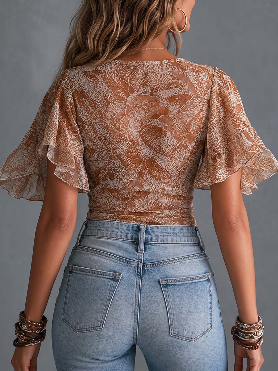 Boho Abstract Print Deep V-Neck Ruffle Trim Flutter Sleeve Blouse