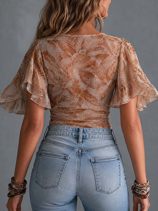 Boho Abstract Print Deep V-Neck Ruffle Trim Flutter Sleeve Blouse