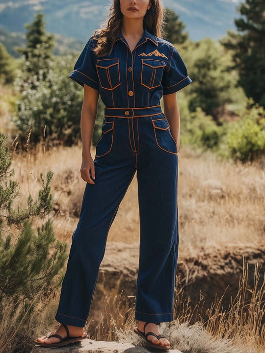 Retro Western Charm Denim Jumpsuit