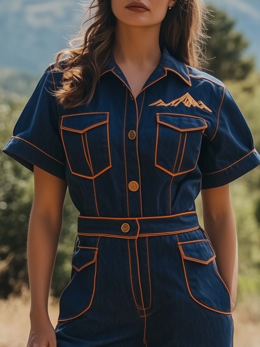 Retro Western Charm Denim Jumpsuit