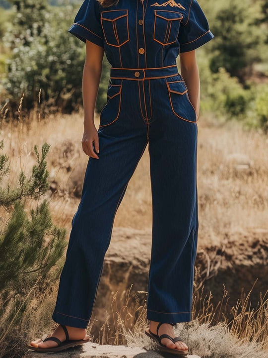 Retro Western Charm Denim Jumpsuit