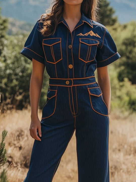 Retro Western Charm Denim Jumpsuit