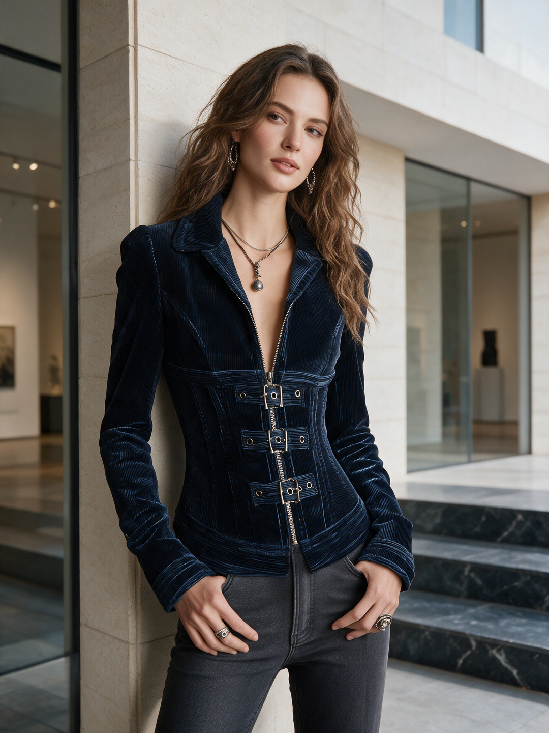 Structured Navy Blue Buckle Detail Velvet Jacket