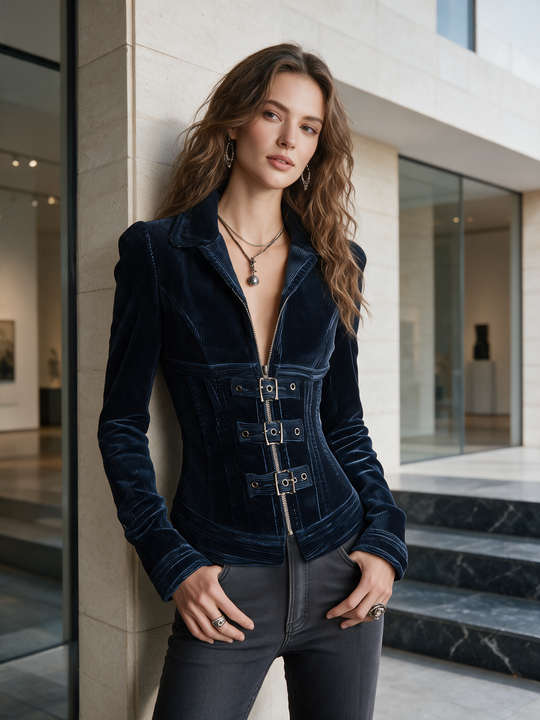 Structured Navy Blue Buckle Detail Velvet Jacket