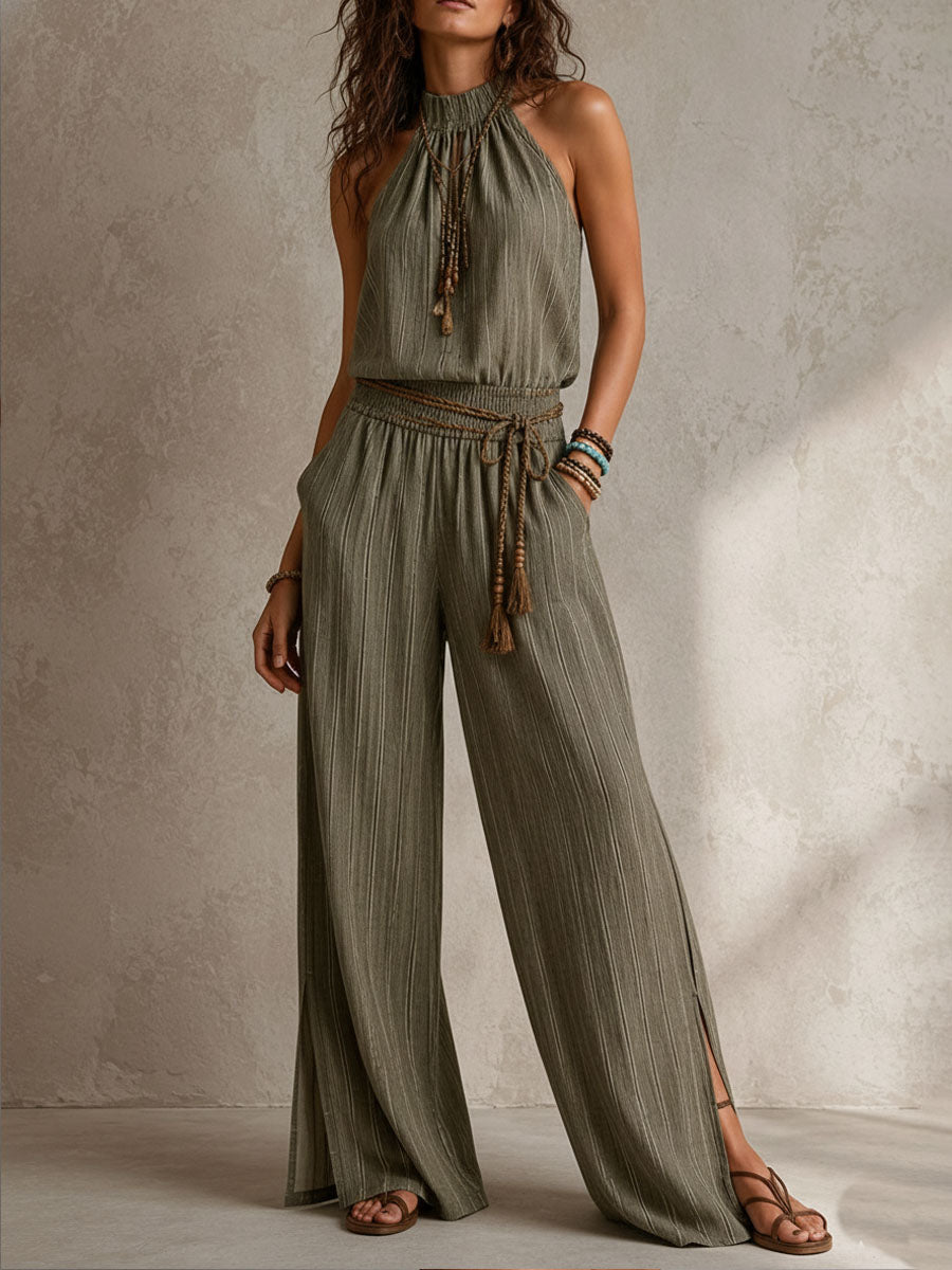 Boho Olive Stripe Halter Smocked Waist Wide-Leg Jumpsuit