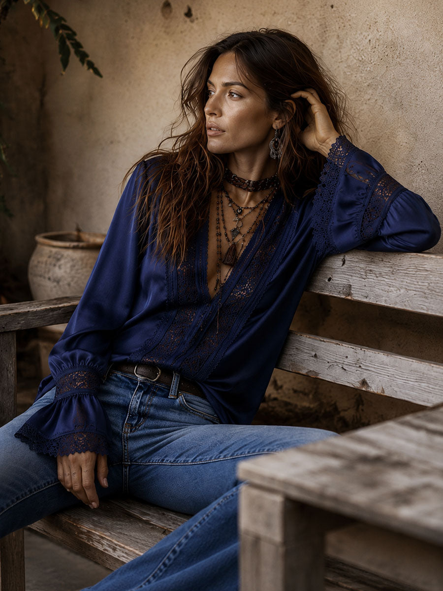 Boho Navy Satin Lace Trim Flare Long Sleeve Blouse
