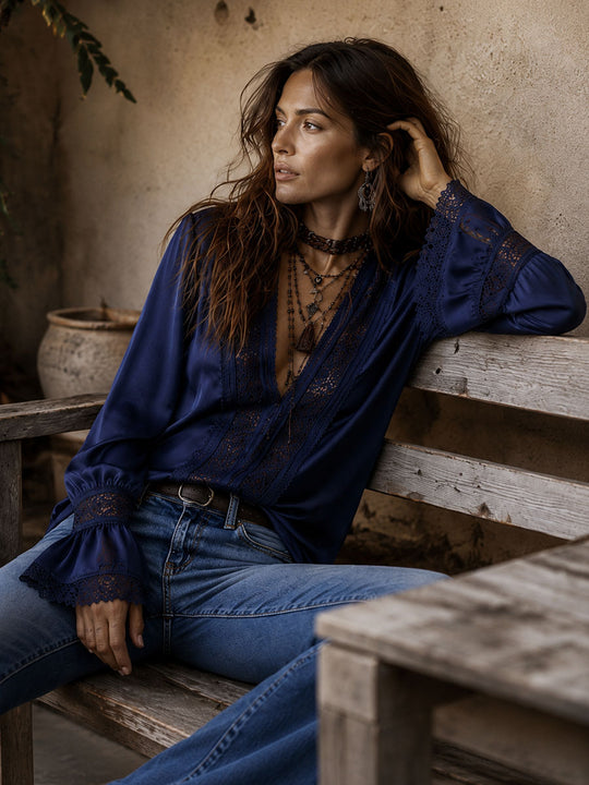 Boho Navy Satin Lace Trim Flare Long Sleeve Blouse