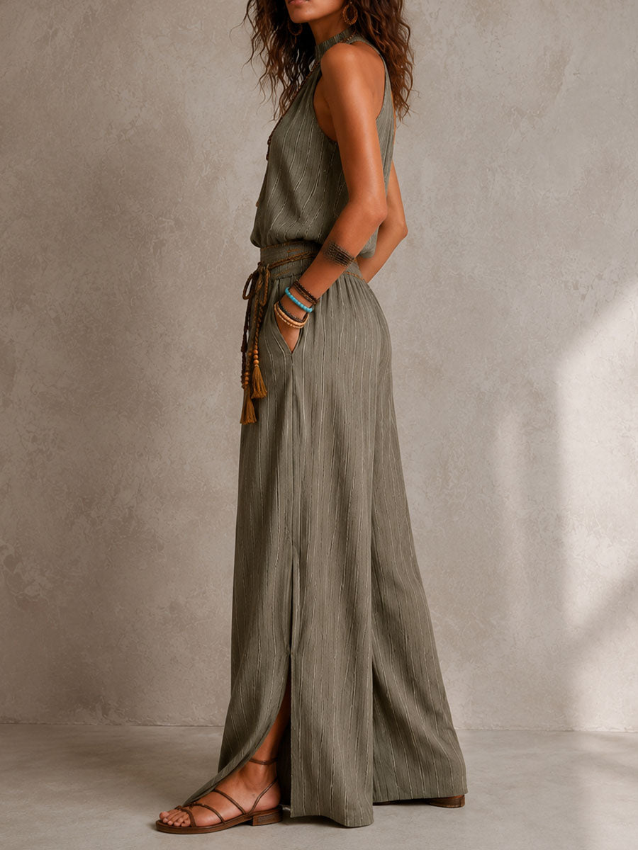 Boho Olive Stripe Halter Smocked Waist Wide-Leg Jumpsuit