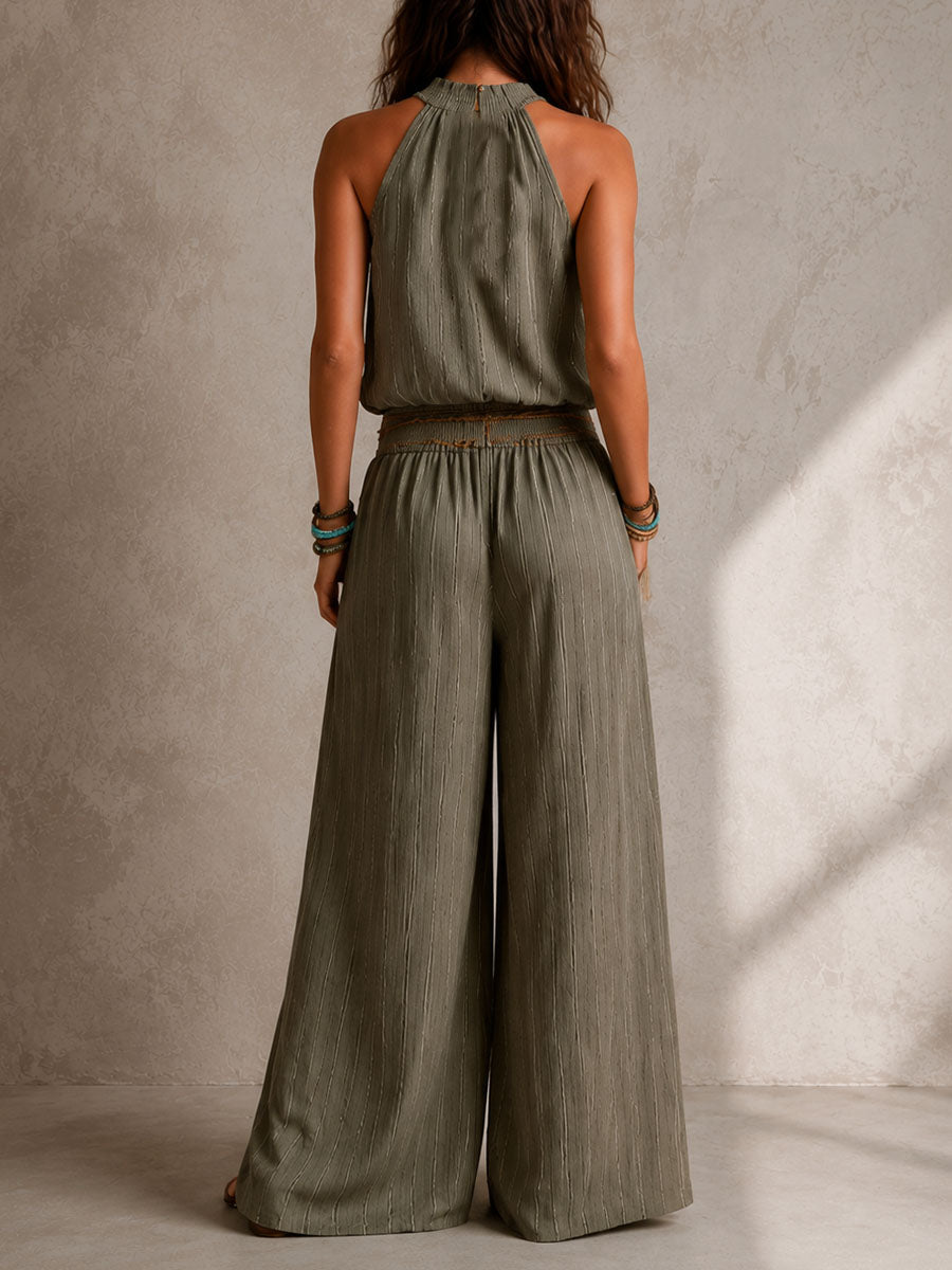 Boho Olive Stripe Halter Smocked Waist Wide-Leg Jumpsuit