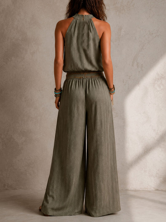 Boho Olive Stripe Halter Smocked Waist Wide-Leg Jumpsuit