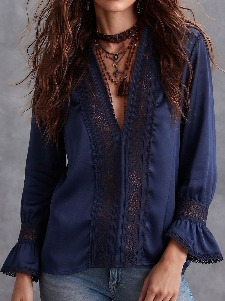 Boho Navy Satin Lace Trim Flare Long Sleeve Blouse
