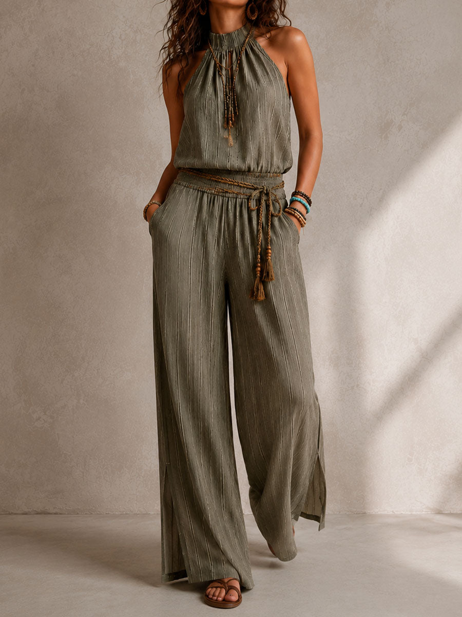 Boho Olive Stripe Halter Smocked Waist Wide-Leg Jumpsuit