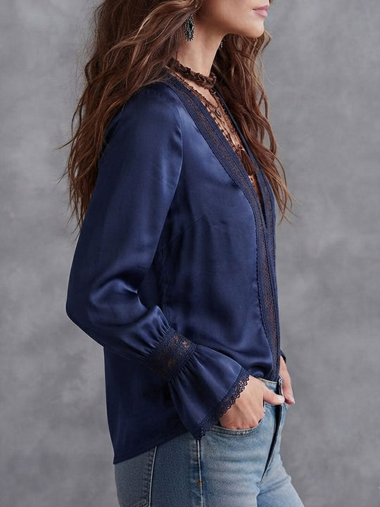 Boho Navy Satin Lace Trim Flare Long Sleeve Blouse