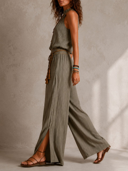 Boho Olive Stripe Halter Smocked Waist Wide-Leg Jumpsuit