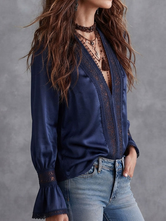 Boho Navy Satin Lace Trim Flare Long Sleeve Blouse