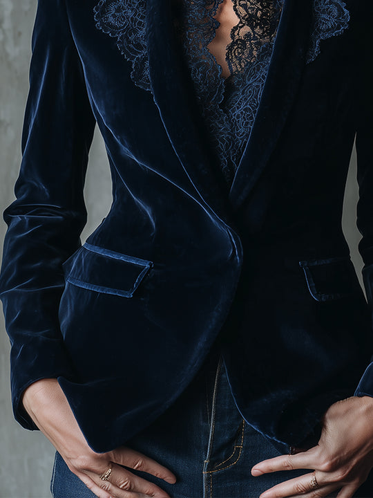 Quiet Luxury Lace Splicing Polyester Velvet Blazer